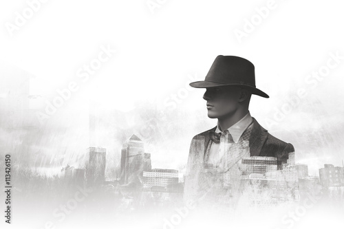 Schilderij op canvas Black and white double exposure portrait urban man