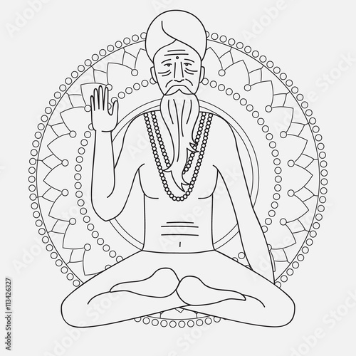 outline yoga meditating sadhu, logo asia hinduism monk, india religious man character photo