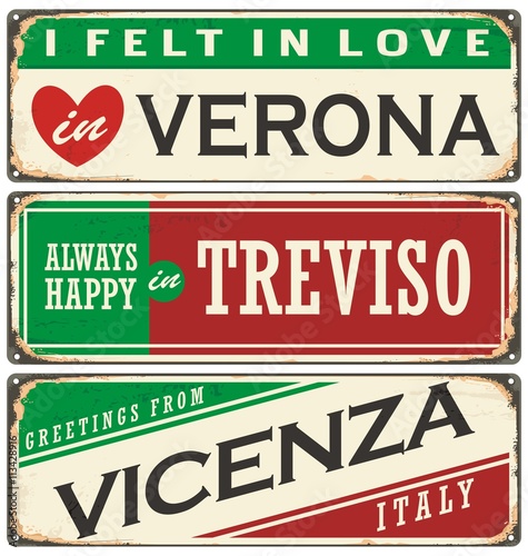 Vintage vector souvenirs or postcard templates with places in Italy