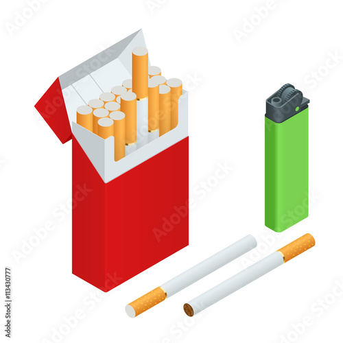 Lighters, cigarettes pack, cigarette isolated. Flat 3d vector isometric illustration