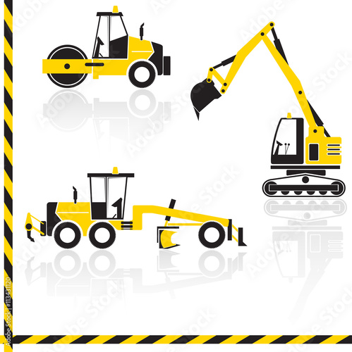 Vector yellow transportation icon set with reflection. Tractors