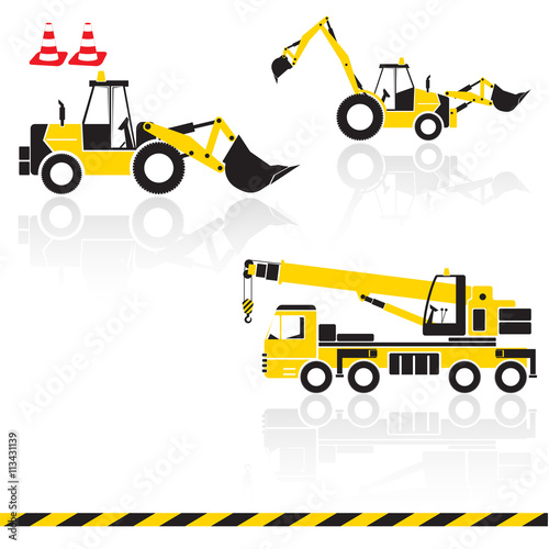Vector yellow transportation icon set with reflection. Tractors