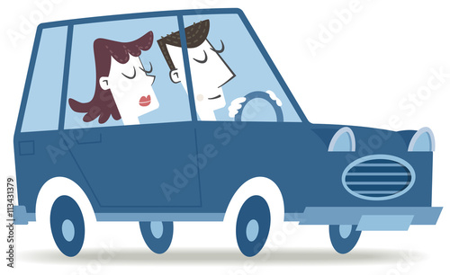 Driving an retro car. Retro style illustration of a couple traveling by car. 