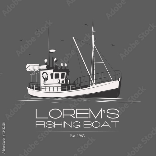 Fishing boat logo badge label on grey background. Vector. Editable