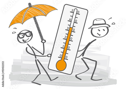 Strichmännchen tragen bei sommerlichen Wetter ein Thermometer