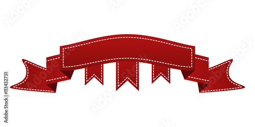 Embroidered red ribbon isolated on white. Can be used for banner, award, sale, icon, logo, label etc. Vector illustration