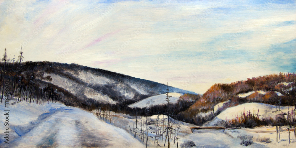 Obraz premium Oil painting. The snowy mountains at sunset