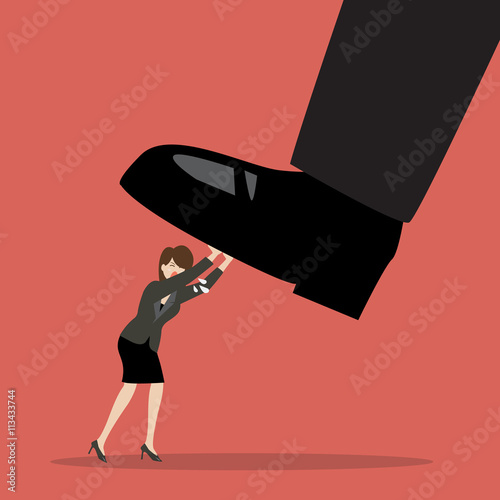 Business woman pushing big foot