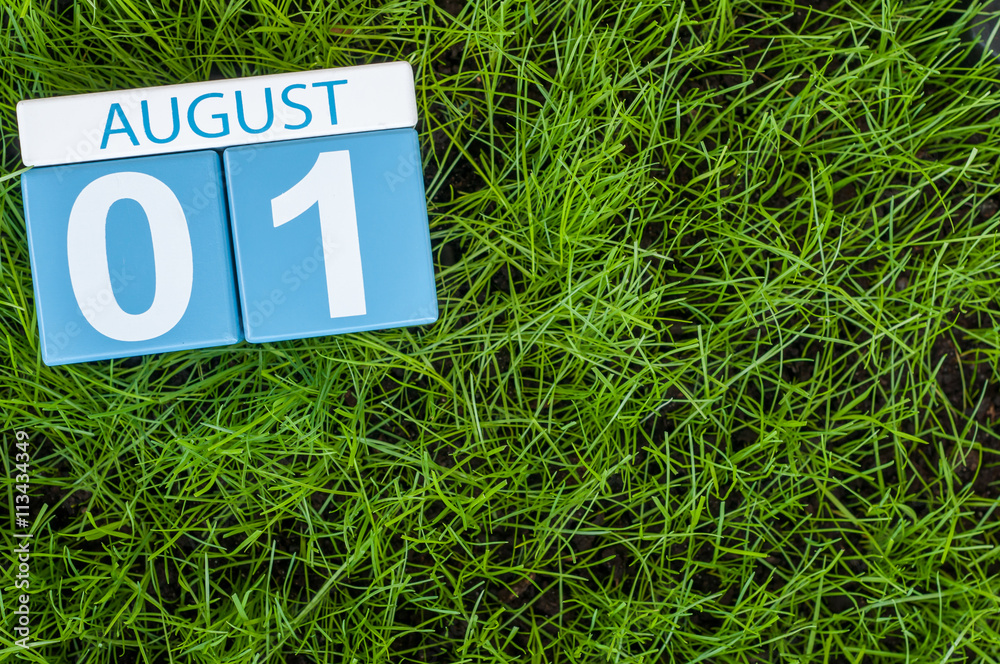 August 1st. Image of august 1 wooden color calendar on green grass lawn background. Summer day. Empty space for text