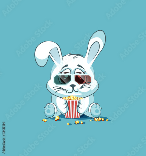 Illustration Emoji character cartoon White leveret chewing popcorn, watching movie in 3D glasses sticker emoticon
