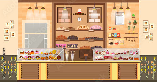 interior of bake shop, bake sale, business of baking sales, bakery and baking for production of bakery