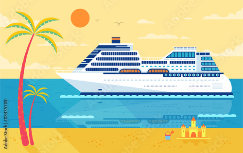 illustration of cruise ship isolated, side view, near beach, palm trees