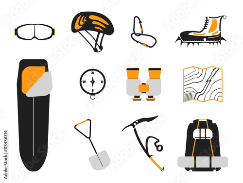 Сlimbing set: carbines, Ice ax, boots with crampons, backpack, compass,  sleeping bag, goggles, binoculars, helmet, map, shovel on white background. Vector illustration.