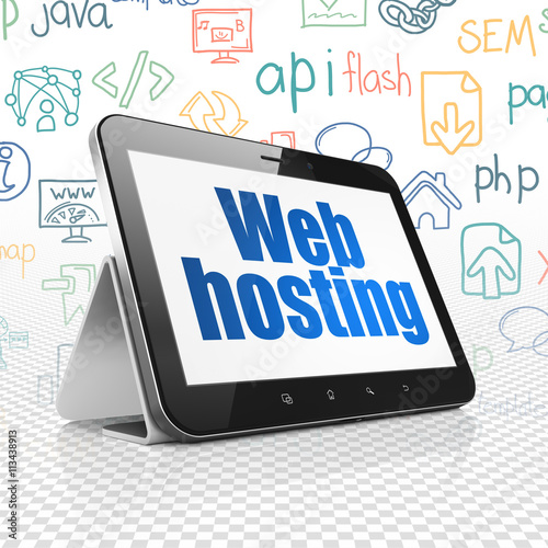 Web development concept: Tablet Computer with Web Hosting on display