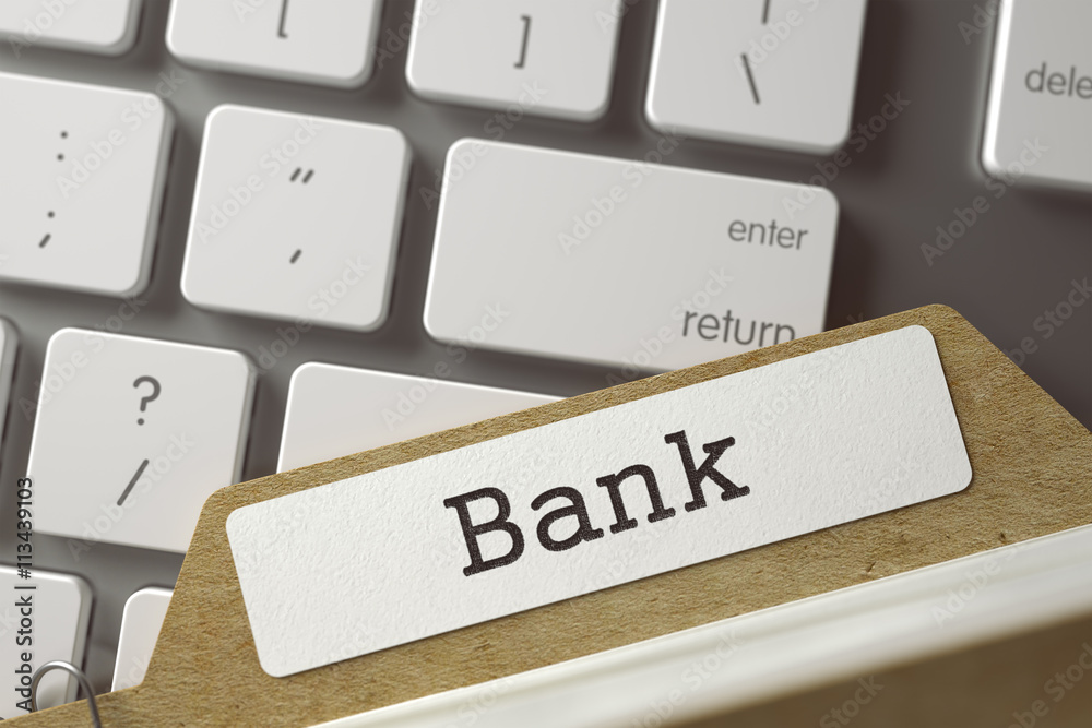 Bank written on Sort Index Card Overlies White Modern Keypad. Archive Concept. Closeup View. Selective Focus. Toned Image. 3D Rendering. Bank written on Sort Index Card Overlies White Modern Keypad. Archive Concept. Closeup View. Selective Focus. Toned Image. 3D Rendering.