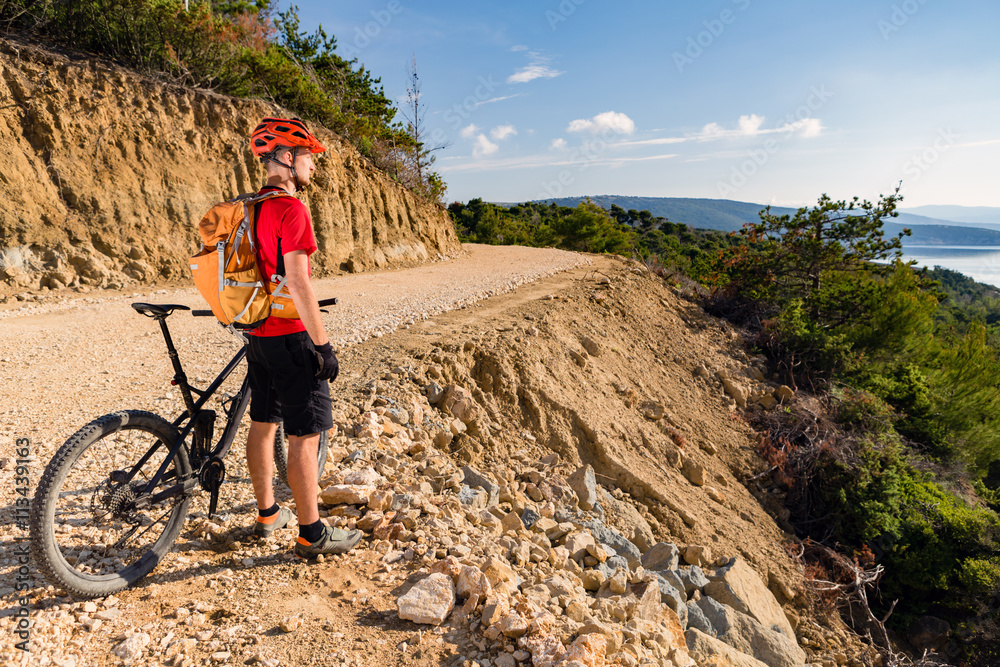 Fototapeta premium Mountain biker riding on bike at the sea