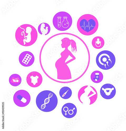 Pregnancy and newborn baby icons set. Medicine and pregnancy vector icons set. Childbirth and motherhood. Pregnancy and birth infographics.