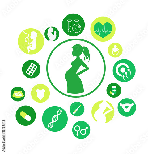 Pregnancy and newborn baby icons set. Medicine and pregnancy vector icons set. Childbirth and motherhood. Pregnancy and birth infographics.