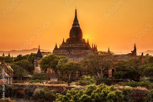 Sunrise above a temple in Bagan
