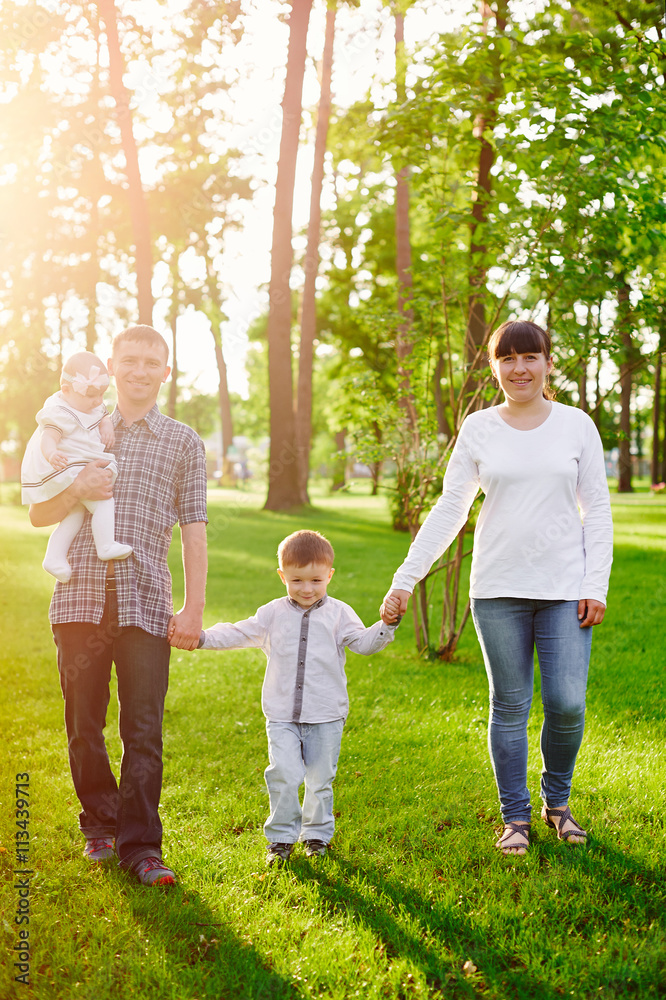 happy young family walks in the summer park happy young family walks in the summer park