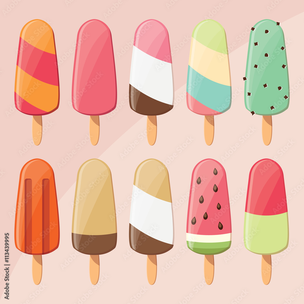 Collection of delicious glossy tasty ice cream popsicles, summer Collection of delicious glossy tasty ice cream popsicles, summer