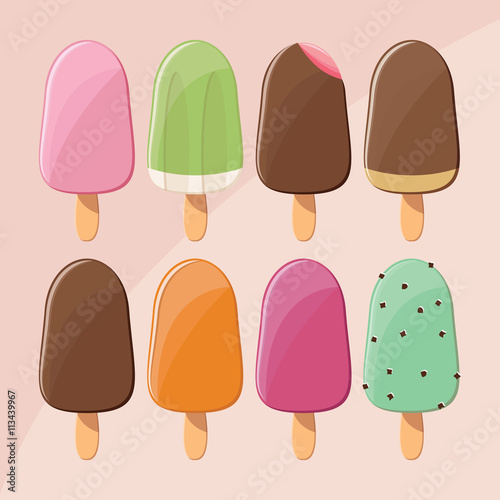 Collection of delicious glossy tasty ice cream popsicles, summer