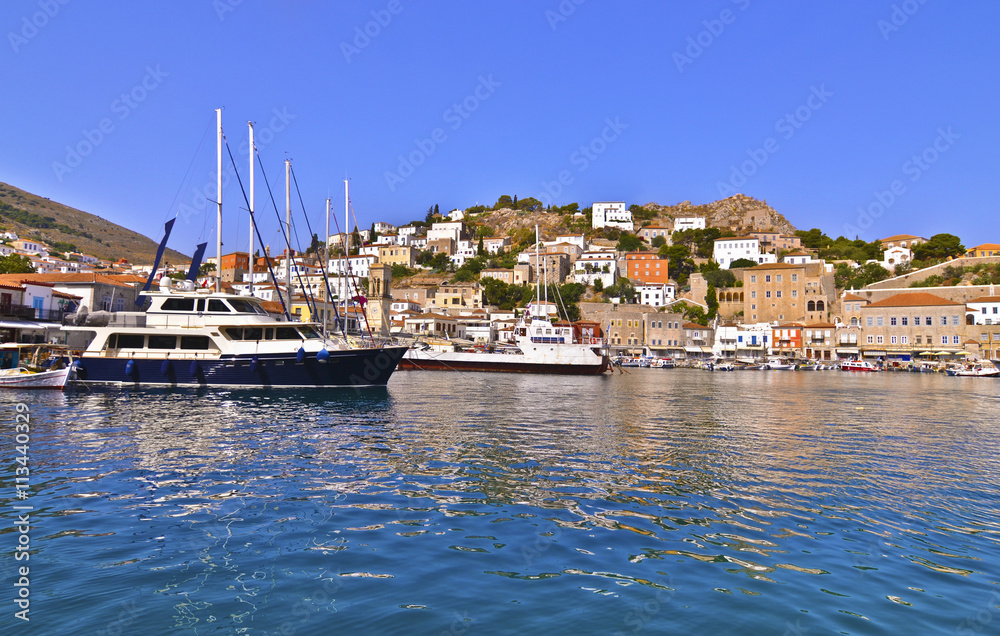 landscape of the port of Hydra island Saronic gulf Greece