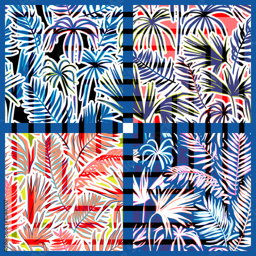 vector seamless graphical artistic tropical foliage pattern with geometric squares overlay, palm leaf, fern frond, cyperus, decorative colorful, summer fashionable background allover tropical print