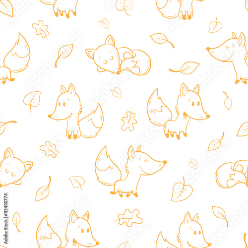 Seamless pattern with cute cartoon foxes and falling leaves on  white  background. Autumn season. Funny forest animals. Vector image. Children s illustration.