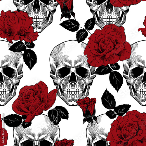 Skull and red roses. vector seamless pattern