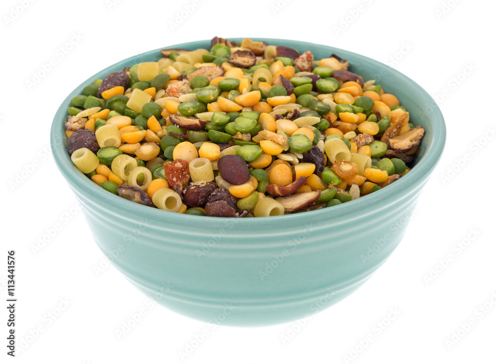 Minestrone soup mix in a bowl isolated on a white background.