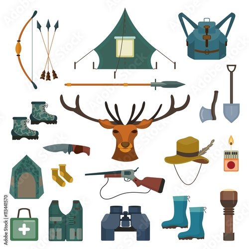 Hunting vector set. Bow and arrows, deer and spear. Tent and rubber boots, knife and gun. Travel icon collection. Flat cartoon style illustration