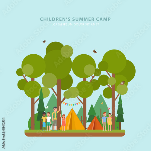 Colorful concept of summer children's camping. Vector flyer.