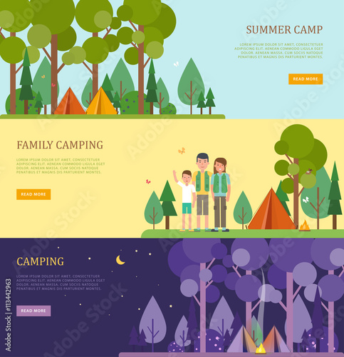 Set of tourist banners for summer and family camping.