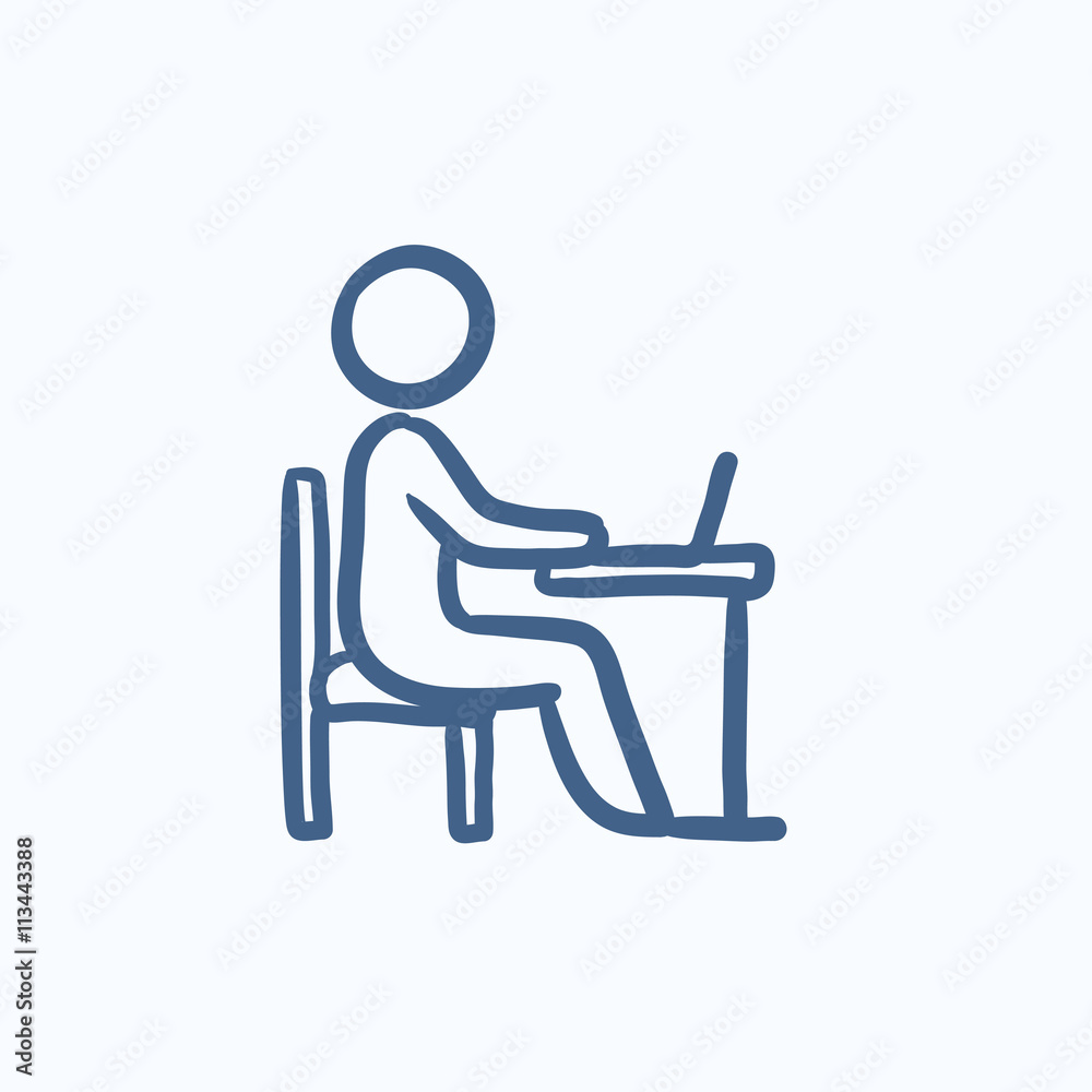 Businessman working on laptop sketch icon. Businessman working on laptop sketch icon.