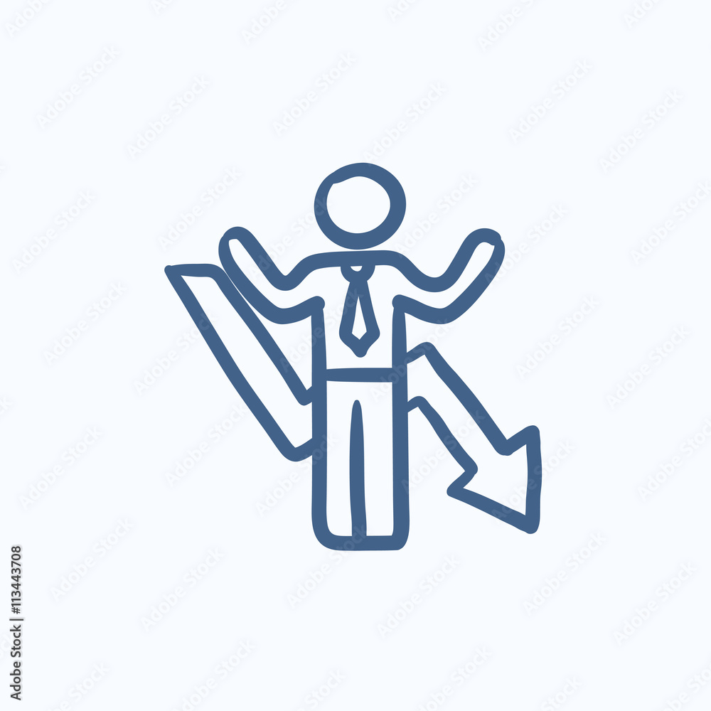 Businessman with arrow down sketch icon. Businessman with arrow down sketch icon.