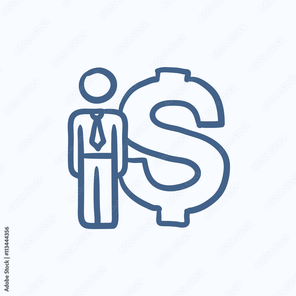 Businessman stands near dollar symbol sketch icon. Businessman stands near dollar symbol sketch icon.