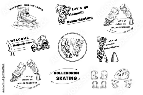 set hand drawn labels, logos for Roller Skates sports. Drawing d