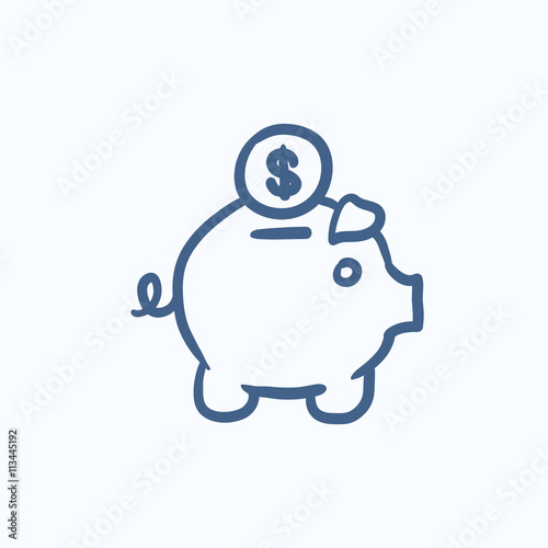 Piggy bank with dollar coin sketch icon.