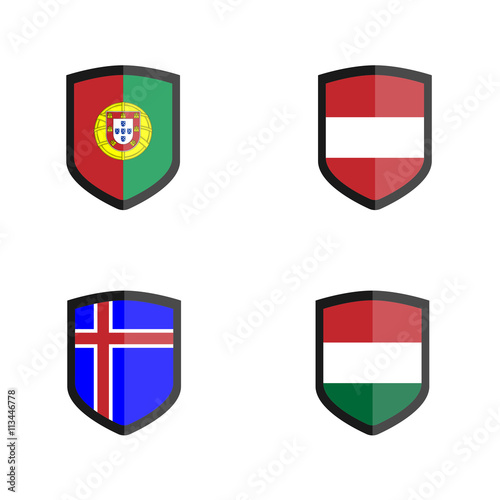 Set of Shield badge with Nation Flag, Austria, Hungary,Iceland, Portugal