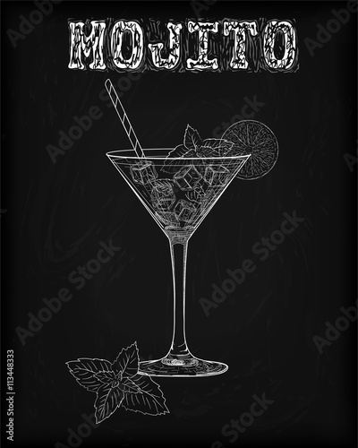 Nice mojito of ice cold glass on a black background. Soda with w