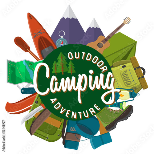 Flat design modern vector illustration of camping and hiking equipment set. Travel and vacation items, car rubber boat and shoes, tent, knife and axe, backpack and hiking shoes, campfire and guitar