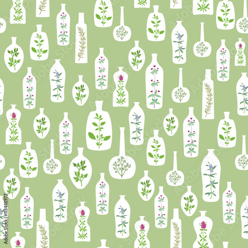 Aromatic Plants And Bottles Seamless Background
