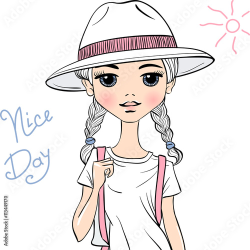 Lovely fashion girl traveler in white hat in sketch-style.