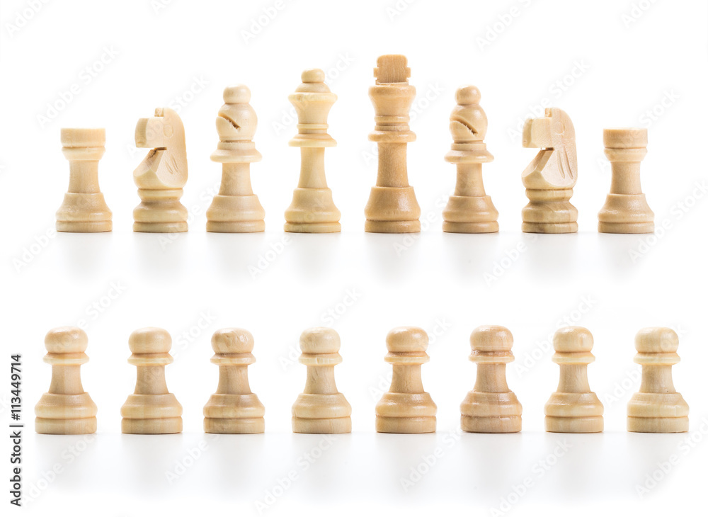 wooden chess set lined up in rows isolated wooden chess set lined up in rows isolated