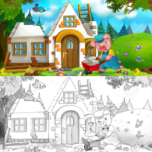 Fototapeta Cartoon scene of hard working pig - building a house - with coloring page - illustration for the children