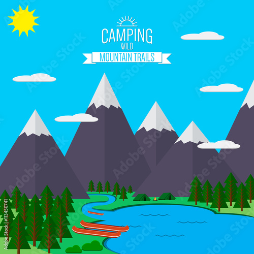 Mountains with forest and river trail landscape flat vector illustration, for camping and hiking, Extreme sports, rafting outdoor adventure, with recreation place, tents and fire.