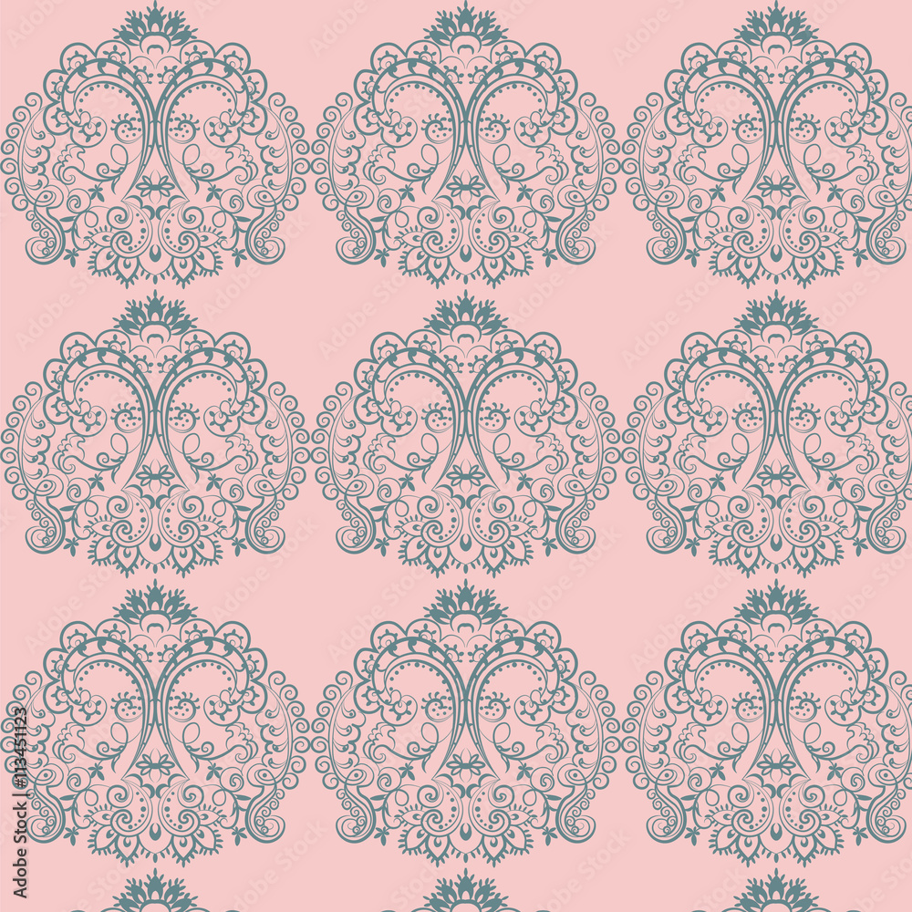 Vector floral lace pattern in Oriental style. Ornamental lace pattern for wedding invitations, greeting cards, wallpaper, backgrounds, fabrics, textile. Traditional decor. Pink