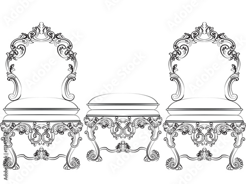 Baroque Rich style furniture. Elegant chair set with luxurious ornaments. Vector sketch