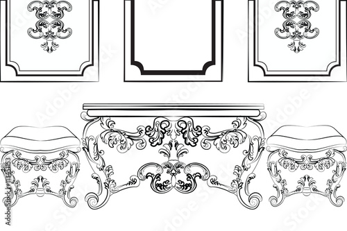 Baroque Luxury style furniture. Elegant wood table and chairs set. Interior wall frames with rich acanthus ornaments. Vector sketch